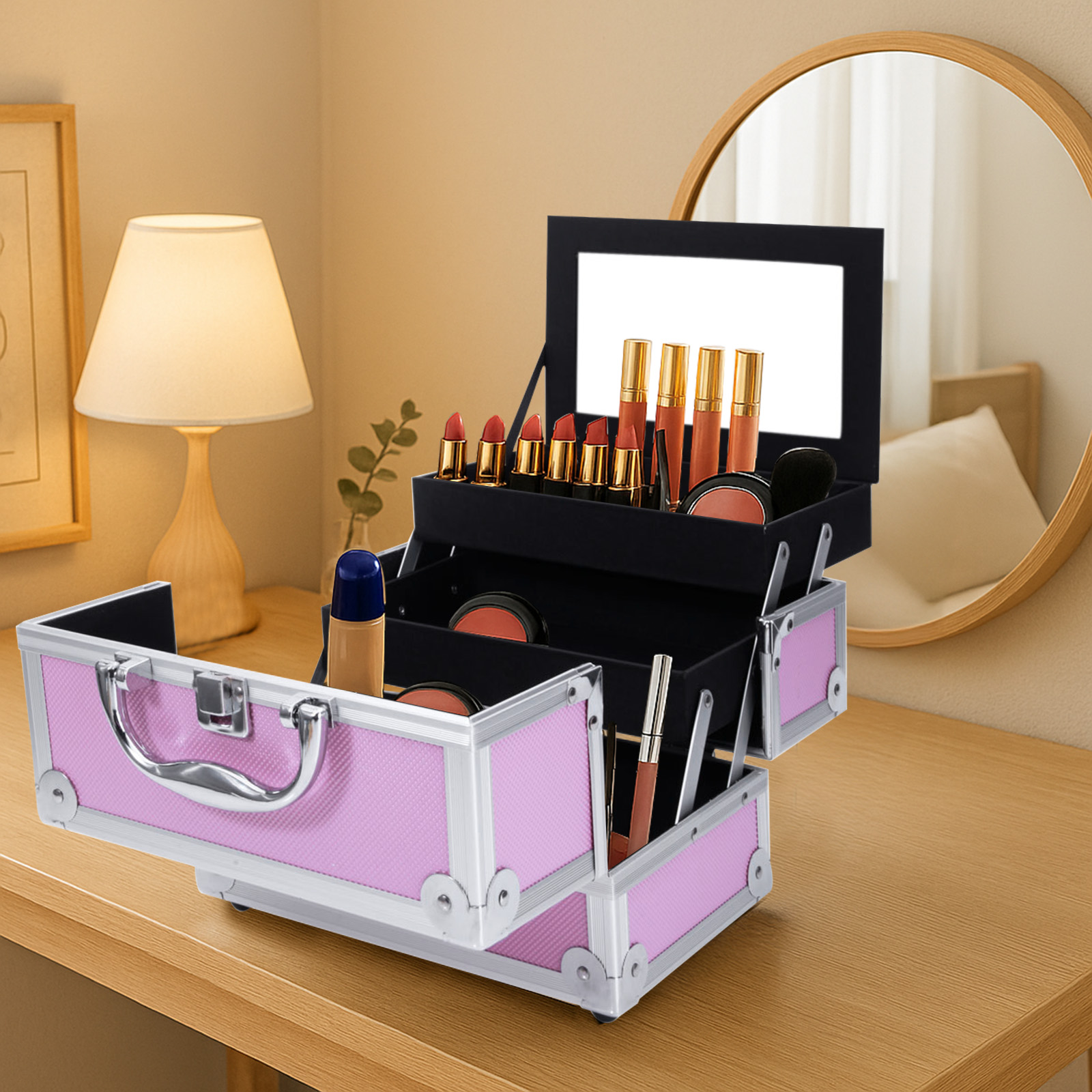 Beauty Makeup Box Set - Pink Aluminum Alloy Makeup Case, Double