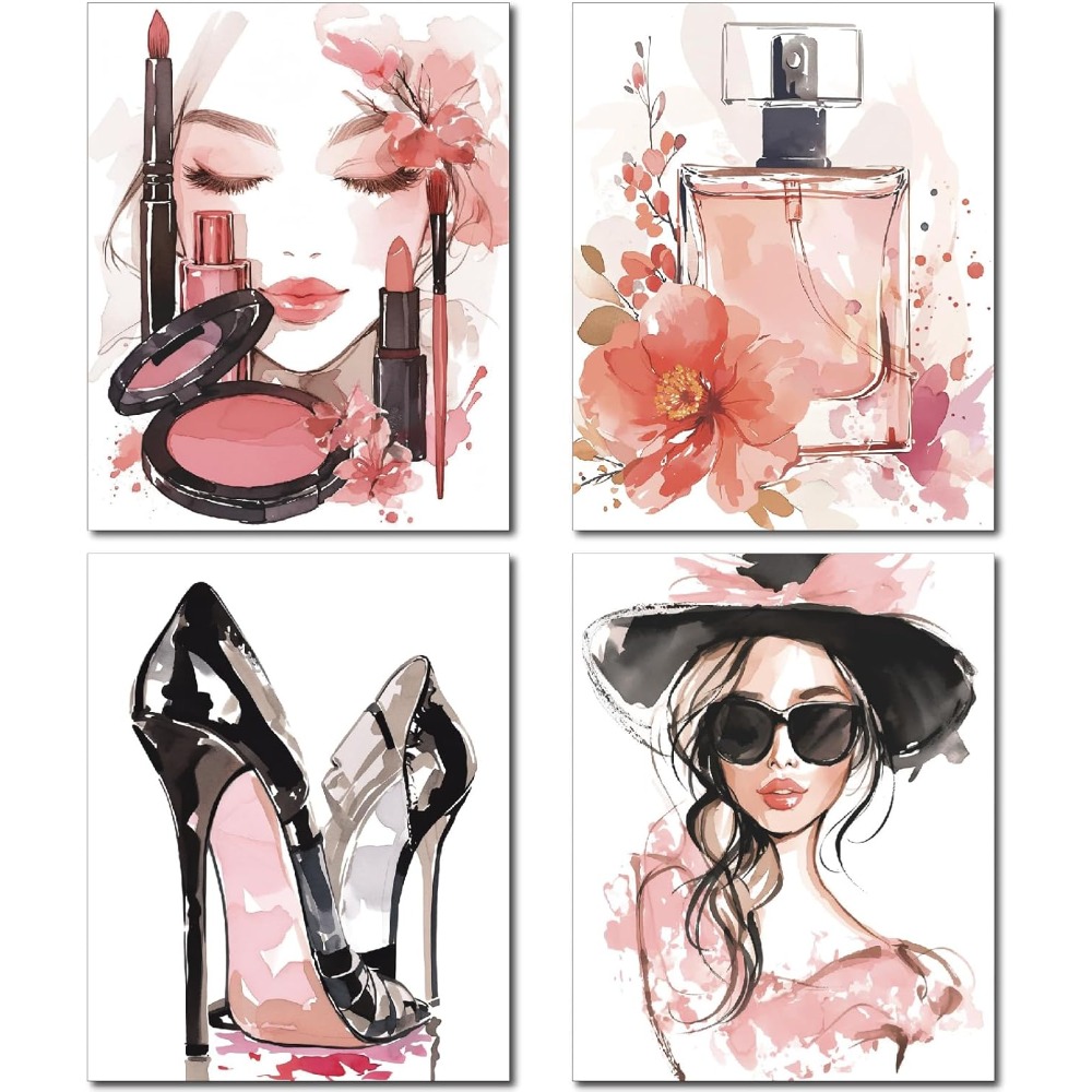 Woman Beauty Makeup - 4Pcs Pink Makeup Wall Art Prints